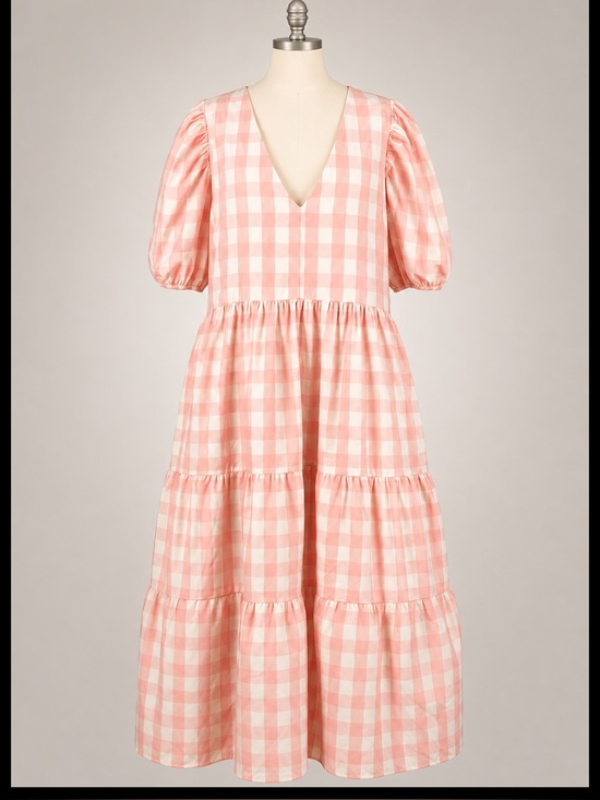 English Factory Dresses & Skirts - English Factory 2X Pink Gingham Puff Sleeve Tiered Maxi Dress NWT